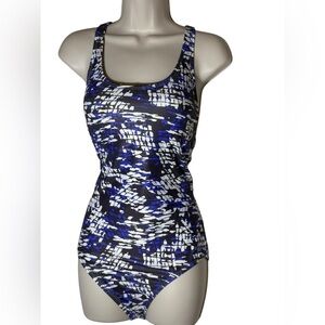 Speedo Hydro Women's One-piece Bathing Suit Blue Black  White Padded Bra 7/8